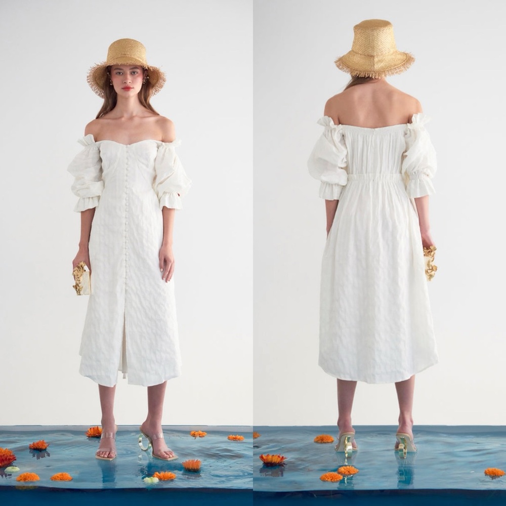NWT Cult Gaia Simona Off Shoulder Button Front Linen Midi Dress - Picture 2 of 7